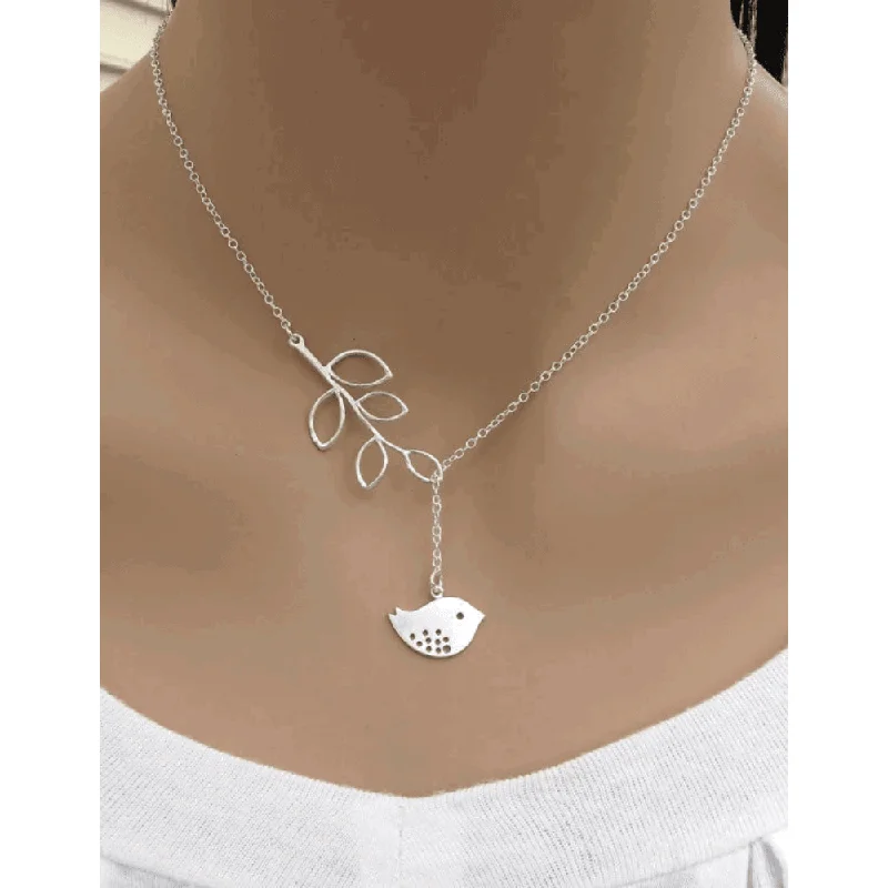 Heavy chain necklaces-White Dove with Olive Branch  Symbol Lariat Necklace