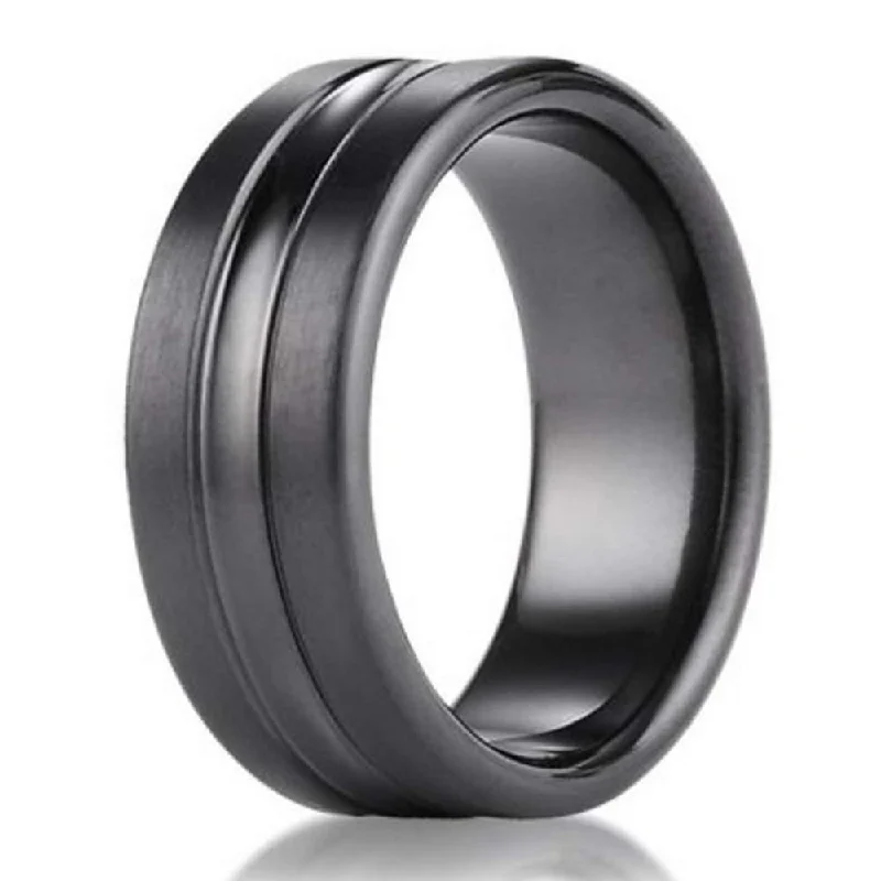 Shining diamond rings-7.5mm Benchmark Black Titanium Men's Wedding Ring With Center Cut