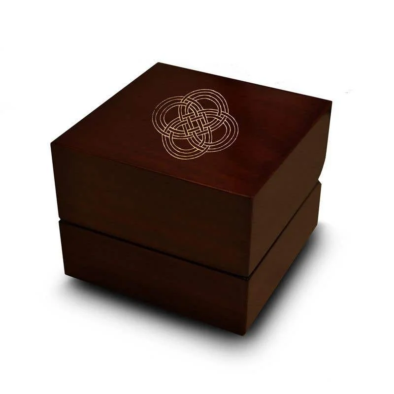 Heritage cameo rings-Interconnected Hindu Symbol Engraved Wood Ring Box Chocolate Dark Wood Personalized Wooden Wedding Ring Box