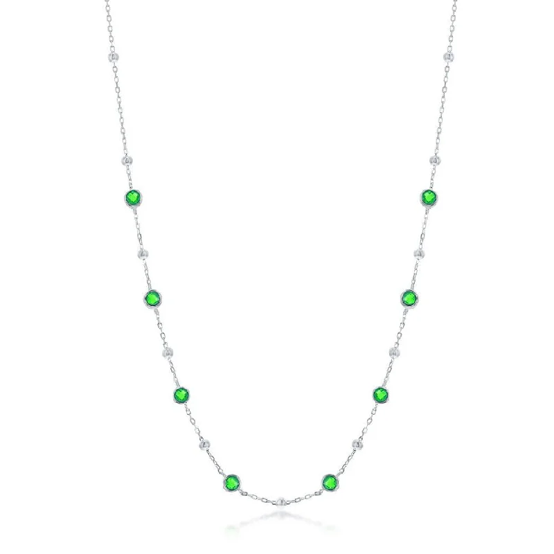 Faith cross necklaces-SS Bezel-Set Green CZ & Bead Station Necklace