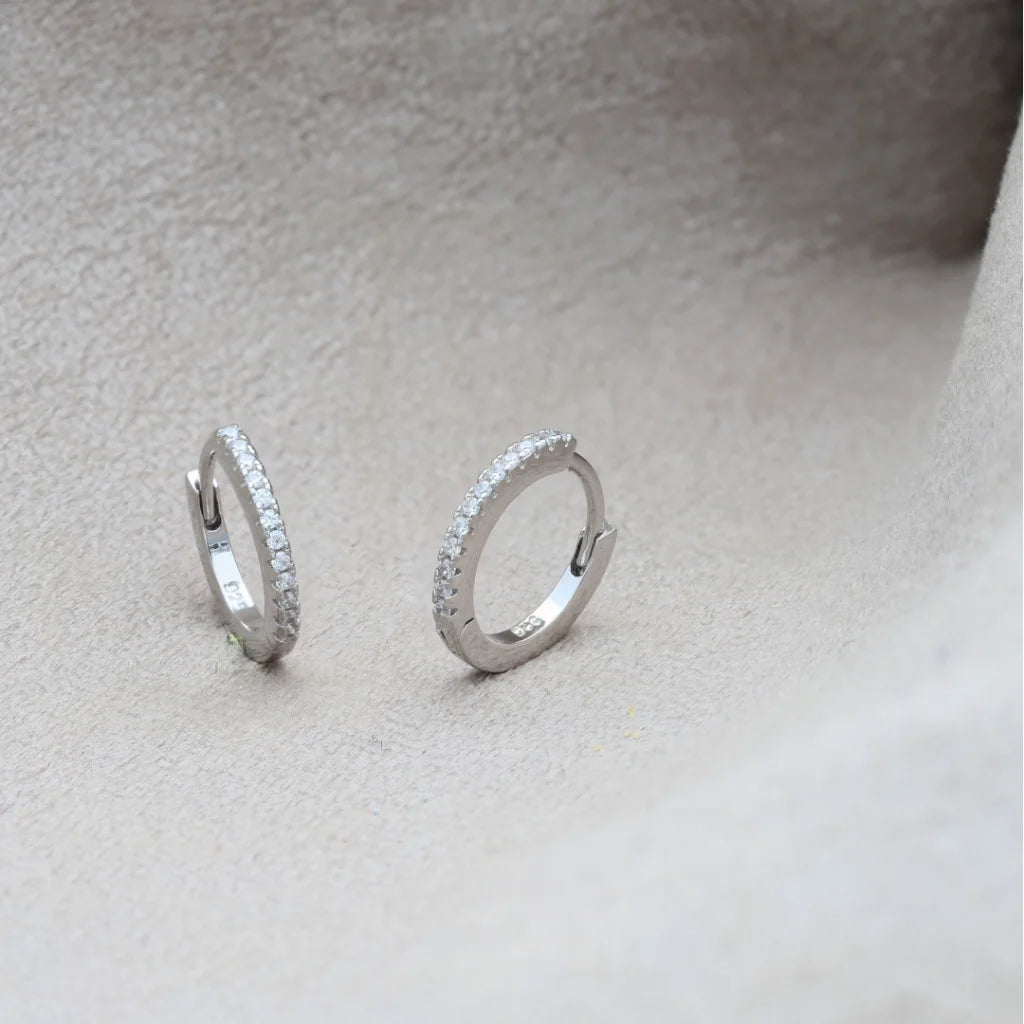 Shimmering stone earrings-Sterling Silver 925 Minimalist Huggie Hoop Earrings - FKJERNSL8578