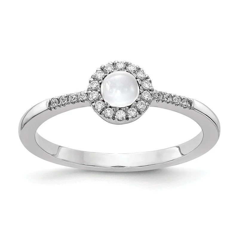 Zodiac birthstone rings-14k White Gold Diamond Halo And White Topaz Chabochon Ring