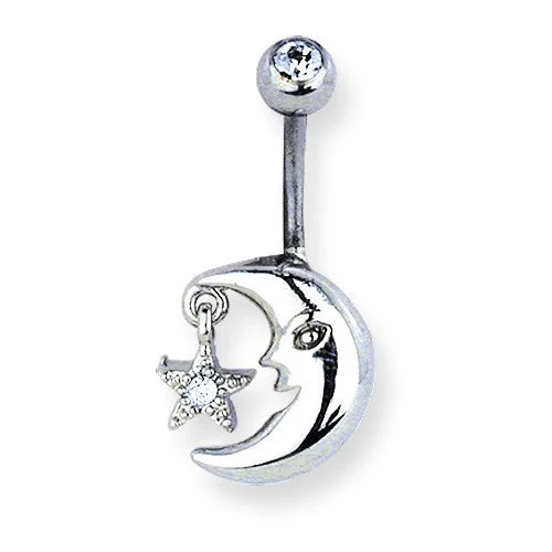 Persian tile rings-Surgical Stainless Steel Curved Belly Button Ring - Moon & Clear Crystal