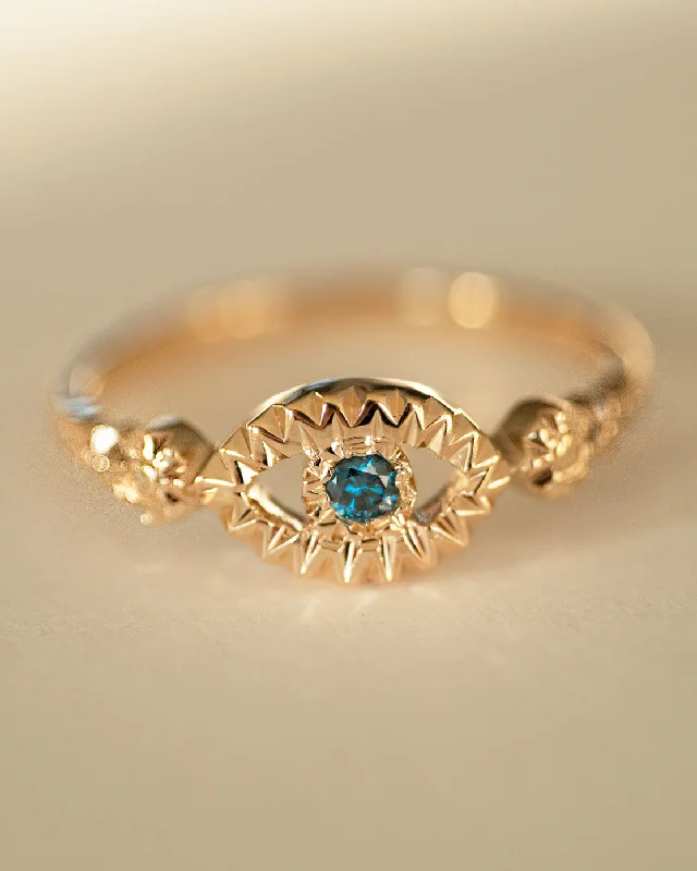 Octagonal gem rings-Luxi Evil Eye Teal Diamond Protection Ring