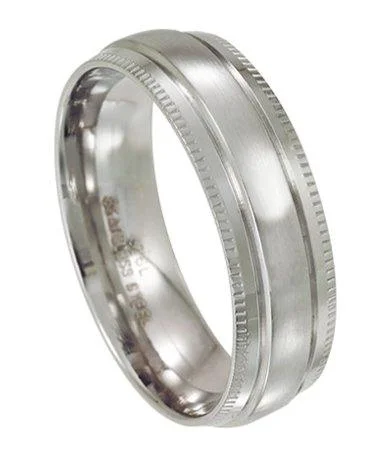 Bead stack rings-Men's Stainless Steel Wedding Ring with Polished Milgrain Edges | 7mm