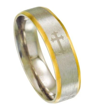 Etched texture rings-Two Tone Stainless Steel Ring for Men with Cross Design | 6mm