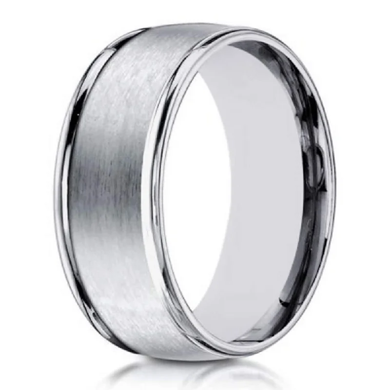 Stretch open rings-Designer 10K White Gold Wedding Ring With Polished Edges | 8mm