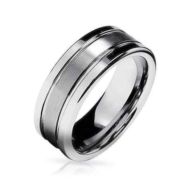 Linked design rings-Tungsten Satin-Finish Grooved Wedding Ring with Polished Edges | 8mm