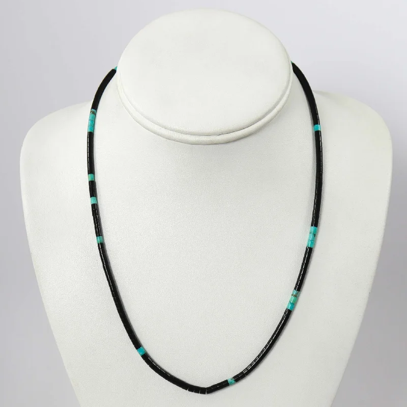 Brushed gold necklaces-Jet and Turquoise Necklace