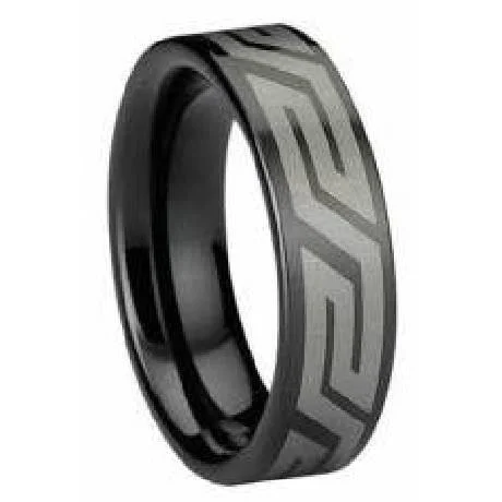 Regency style rings-Black Tungsten Ring with Aztec Design -6mm