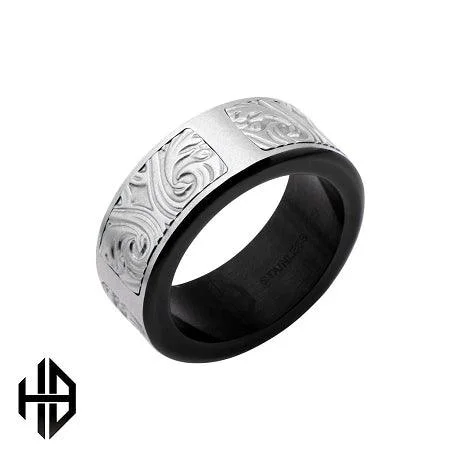 Grand stone rings-Hollis Bahringer Black IP Stainless Steel Bold Ornate Texture Ring-8mm