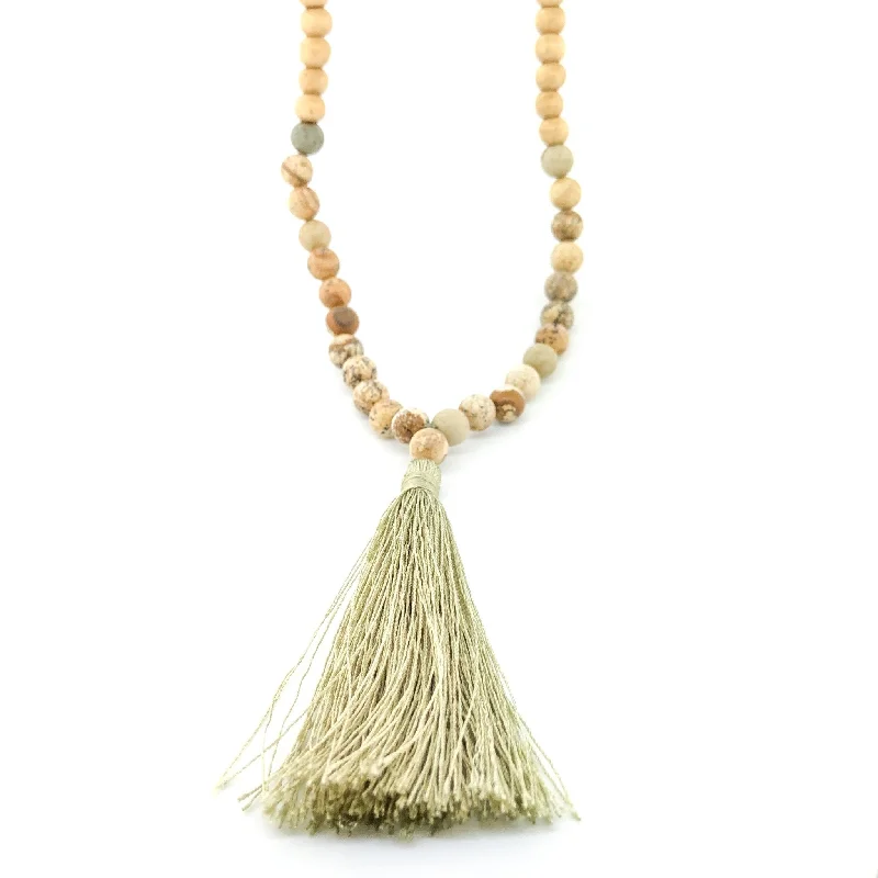 Box clasp necklaces-Wood Bead Sage Tassel Necklace