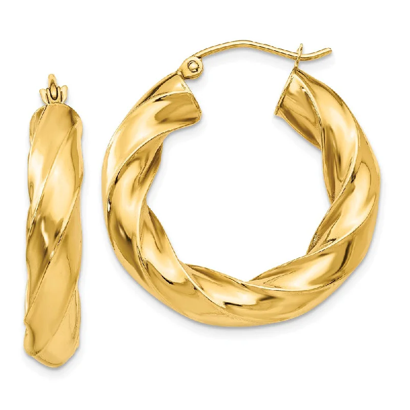 Charm eye earrings-5mm x 27mm Polished 14k Yellow Gold Round Twisted Hoop Earrings