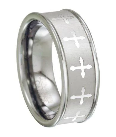 Etched band rings-Tungsten Wedding Ring for Men with Lasered Cross Design | 8mm