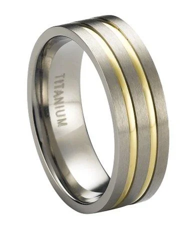 Vintage deco rings-Satin-Finished Titanium Wedding Ring with Two Gold Plated Bands | 8mm