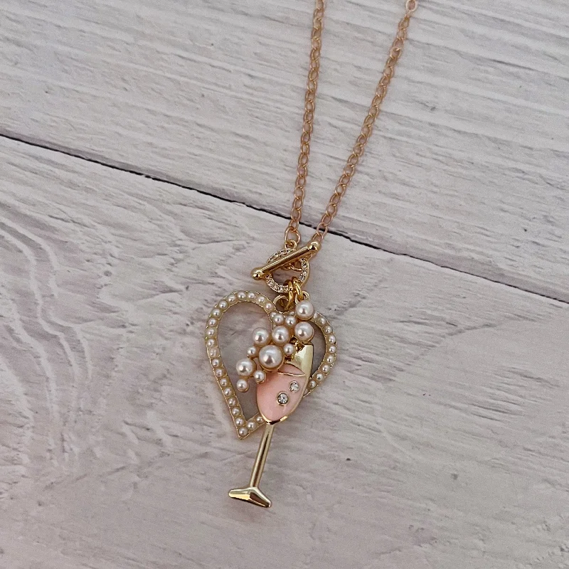 Cherub wing necklaces-Pink Bubbly Pearl Heart Toggle Necklace