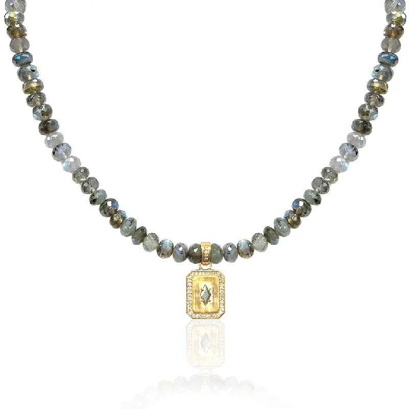 Wicker style necklaces-GOLD LABRADORITE RONDELLE SHIELD NECKLACE