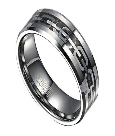 Vintage flair rings-Tungsten Ring for Men with Stainless Steel Chain Inlay | 8mm