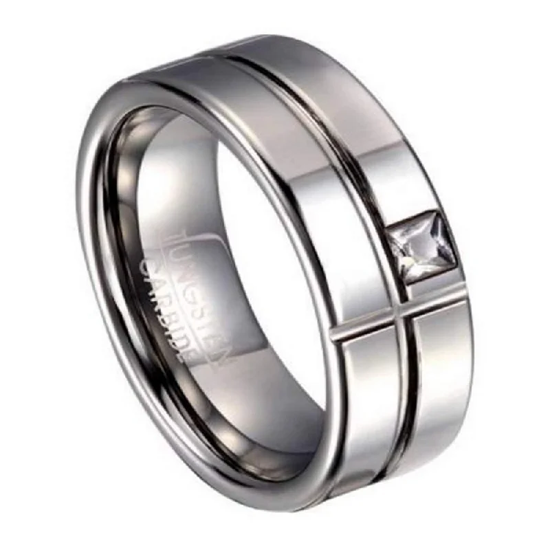 Mixed-tone rings-Men's Tungsten Ring with Intersecting Grooves and White CZ | 8mm