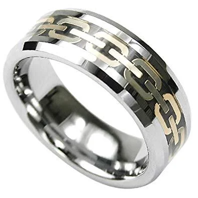 Fluid form rings-Three Tone Men's Tungsten Ring with Center Chain Design | 8mm