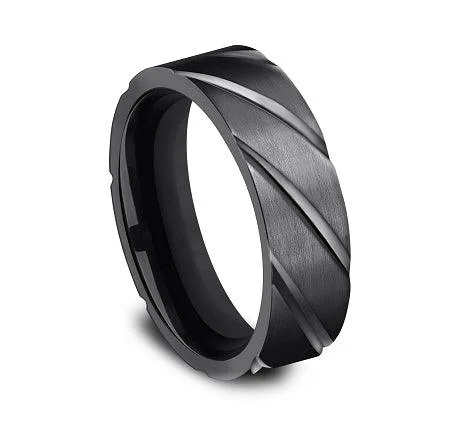 Hand-crafted rings-Black Titanium 7mm Comfort-Fit Swirl Pattern Design Ring