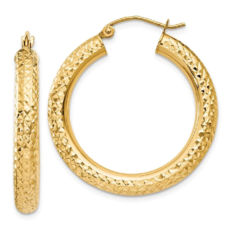 Round drop earrings-4mm, 14k Yellow Gold Diamond-cut Hoops, 30mm (1 1/8 Inch)