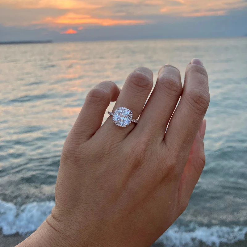 Vintage flair rings-3 ctw Cushion Cut Halo Ring - 10k Solid Rose Gold, Sz 5-10