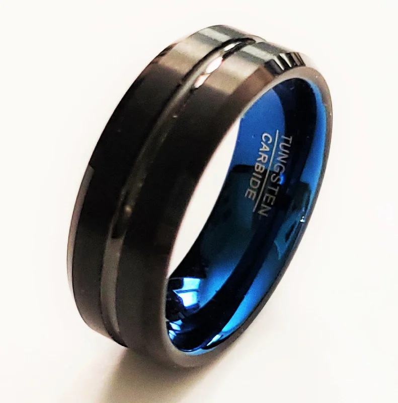 Amber inlay rings-Brushed Finish Black Tungsten Carbide Ring with Blue Inner Band | 8mm