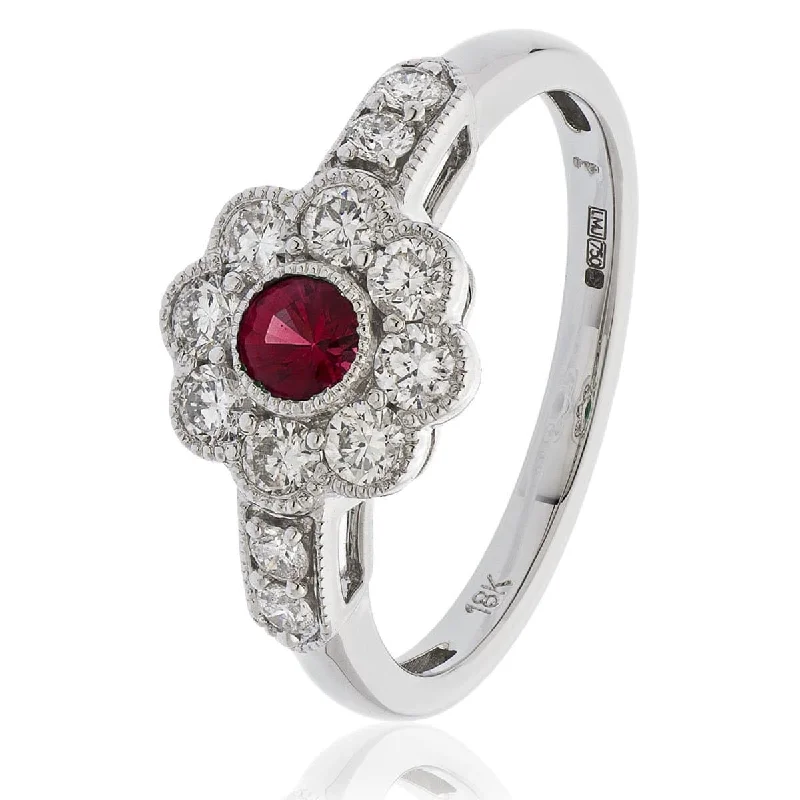 Clear quartz rings-18ct White Gold Ruby Cluster Ring with Side Diamonds