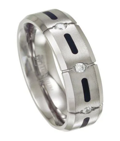 Stamped name rings-Men's Titanium Wedding Ring with Black Resin and 4 CZs | 7mm