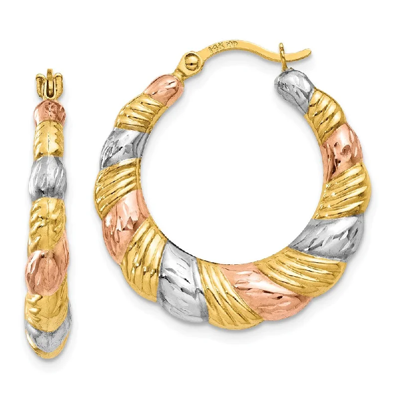 Lustrous pearl earrings-Tri-Color Scalloped Puffed Hoops in 14k Yellow Gold and Rhodium