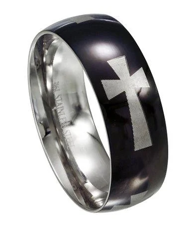 Tidal inlay rings-Black Stainless Steel Cross Ring-8mm