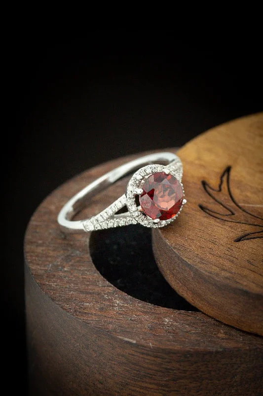 Brushed silver rings-"AURA" - BIRTHSTONE RING WITH A GARNET CENTER STONE & DIAMOND ACCENTS