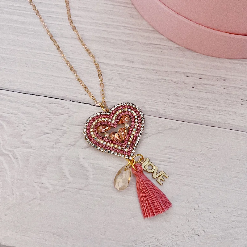 Stellar map necklaces-Rhinestone Tassel Heart Necklace