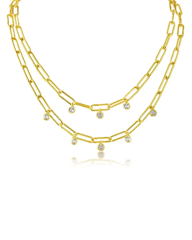 Sleek clasp necklaces-Double Stranded Chain and CZ Necklace