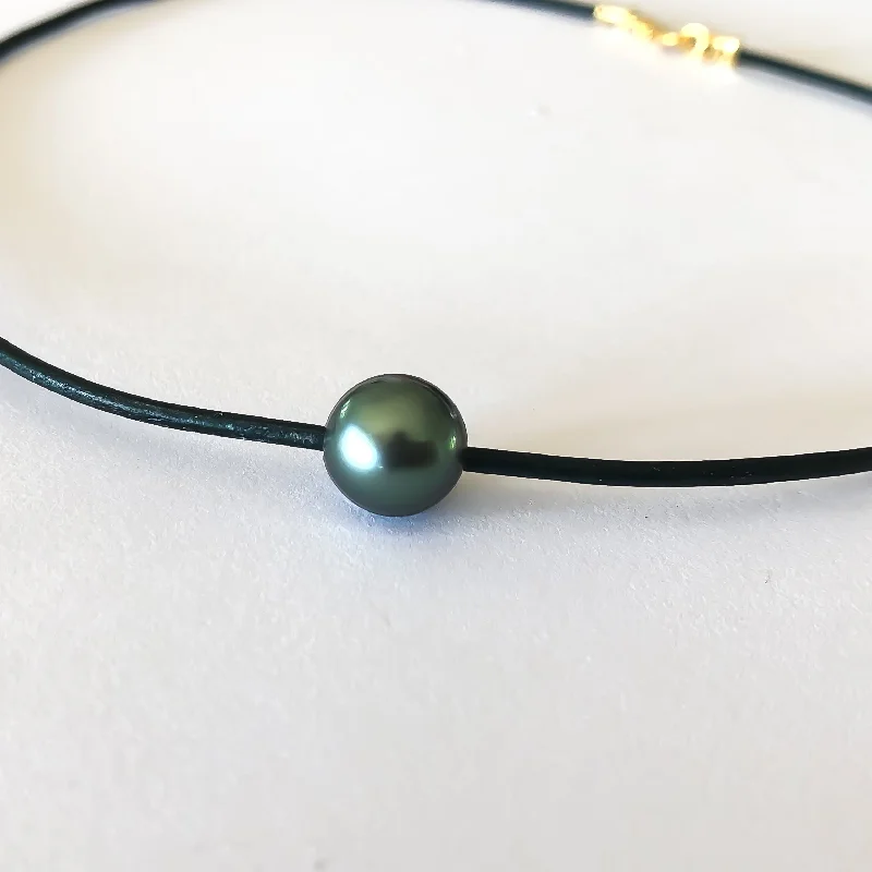 Clean-line necklaces-Tahitian Pearl Leather Necklace