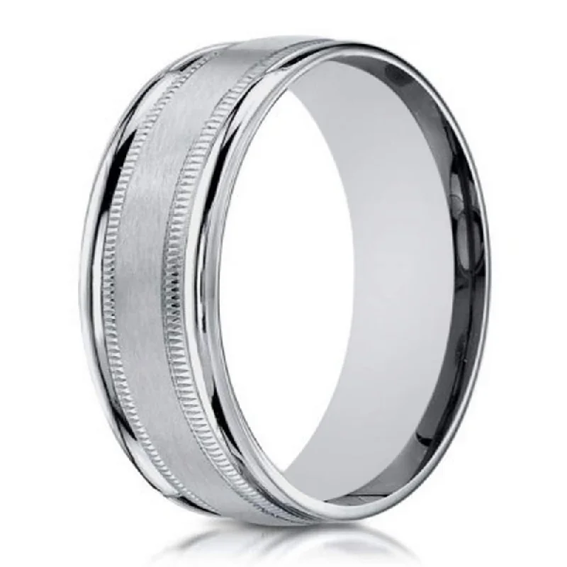 Brushed silver rings-Designer 10K White Gold Wedding Ring With Milgrain Lines | 6mm