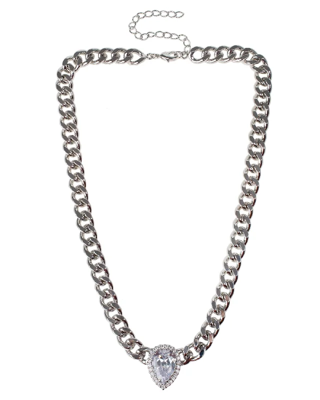 Flat bar necklaces-Pear CZ and Chain Necklace