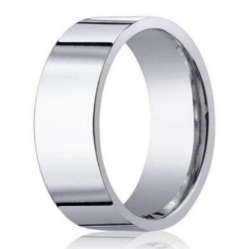 Etched texture rings-8mm Designer Men's Wedding Ring in 14k White Gold with Flat Profile