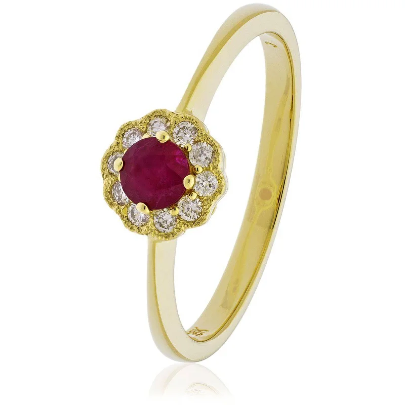 Zodiac birthstone rings-18ct Yellow Gold Ruby Deco Cluster Ring