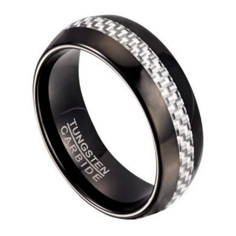 Shimmering druzy rings-Black Tungsten Men's Ring with White Carbon Fiber Inlay | 8mm