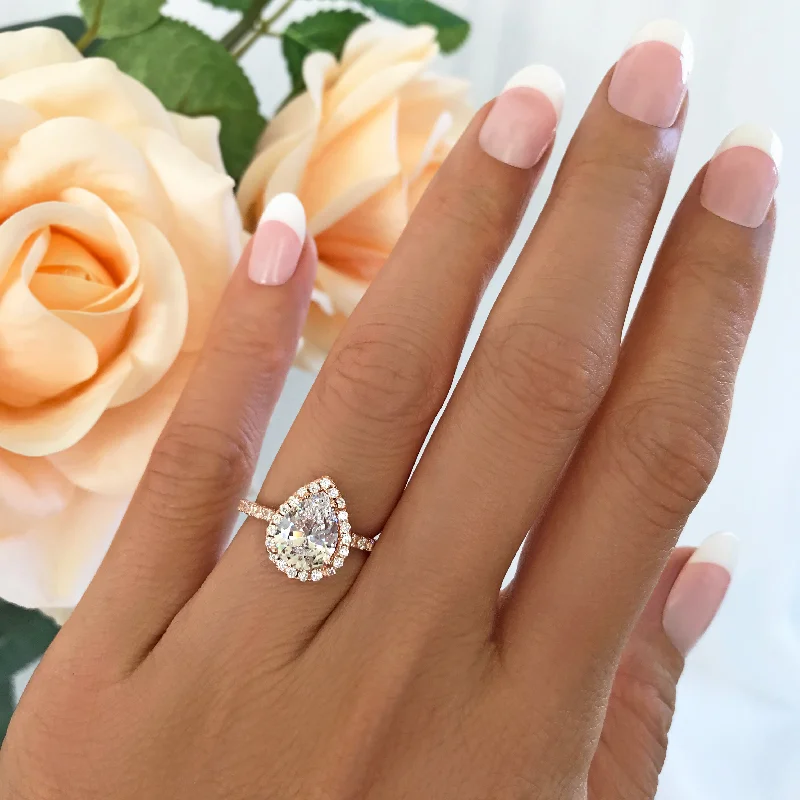 Clear quartz rings-2.5 ctw Pear Halo Ring - Rose GP