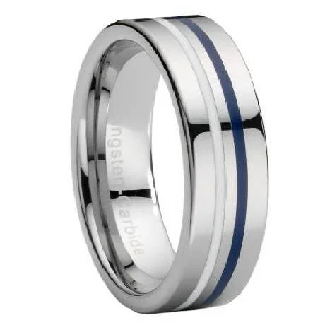 Polished clay rings-Tungsten Ring with White & Navy Blue Enamel Stripe-8mm