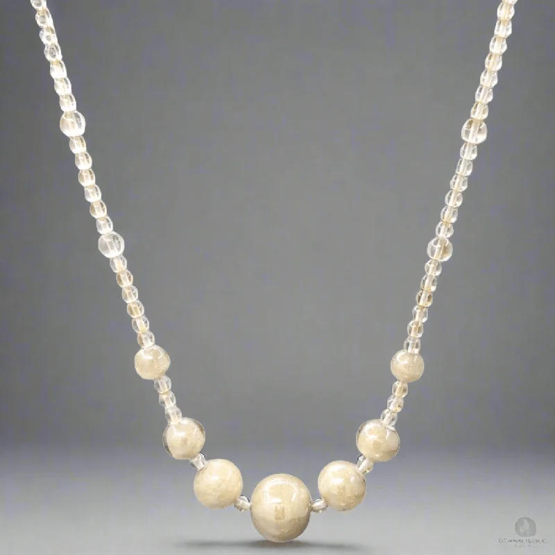 Wave pattern necklaces-STST Beige & Clear Murano Glass Graduated Beaded Necklace