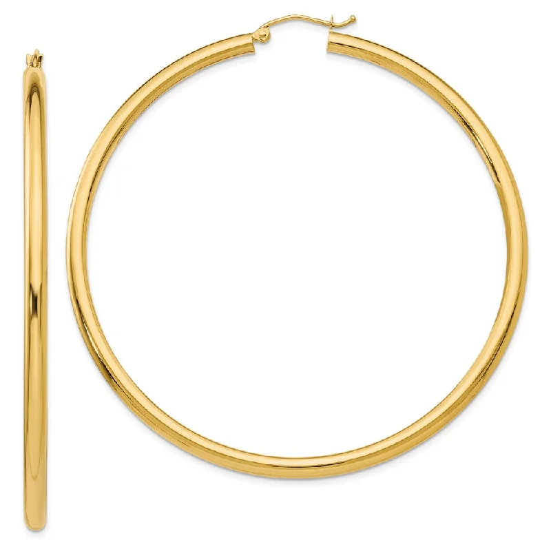 Fine pearl earrings-3mm x 65mm 14k Yellow Gold Classic Round Hoop Earrings