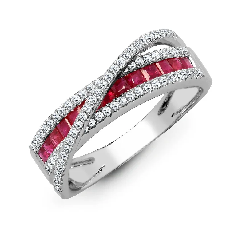 Linked loop rings-18ct White Diamond-0.36ct Ruby-0.63ct Crossover Ring