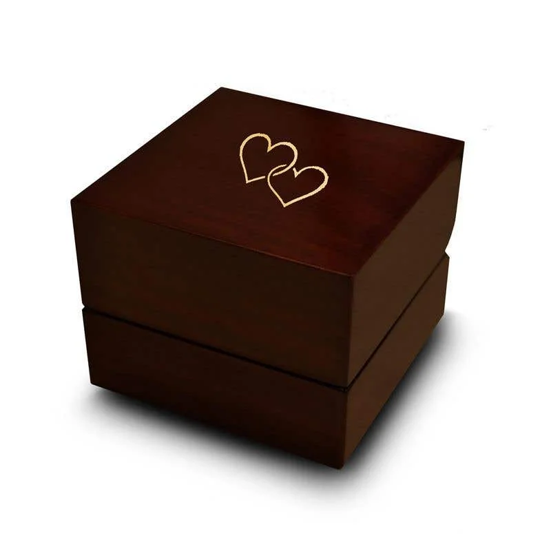 Octagonal gem rings-Double Heart Shaped Symbol Engraved Wood Ring Box Chocolate Dark Wood Personalized Wooden Wedding Ring Box