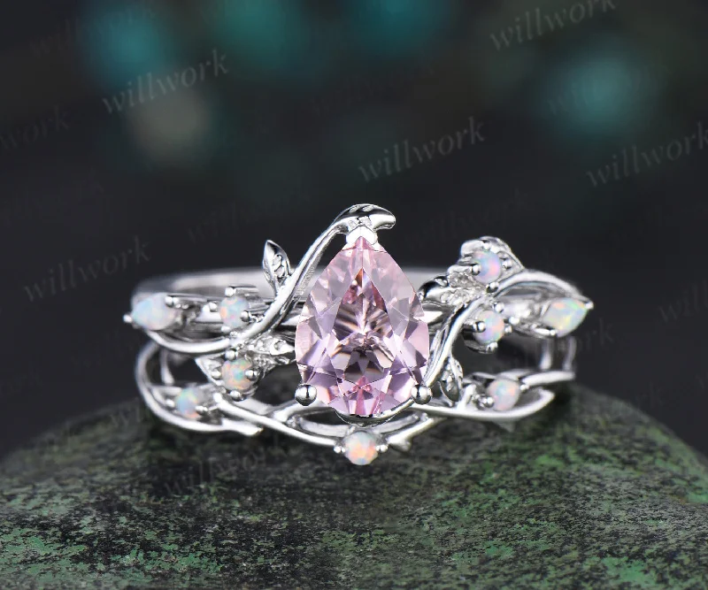 Micro star rings-14K white Gold pink Morganite Opal Ring Set Unique Leaf Vine Wedding Ring Pear Bridal Proposal Ring for Fiancée Gemstone Ring