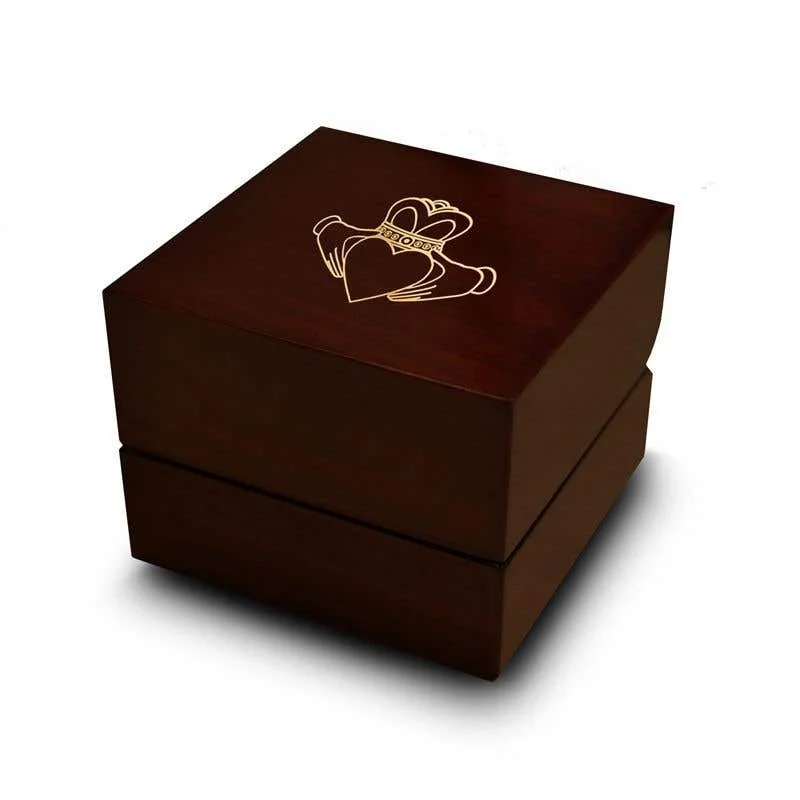 Owl feather rings-Crowned Heart Shaped Symbol Engraved Wood Ring Box Chocolate Dark Wood Personalized Wooden Wedding Ring Box