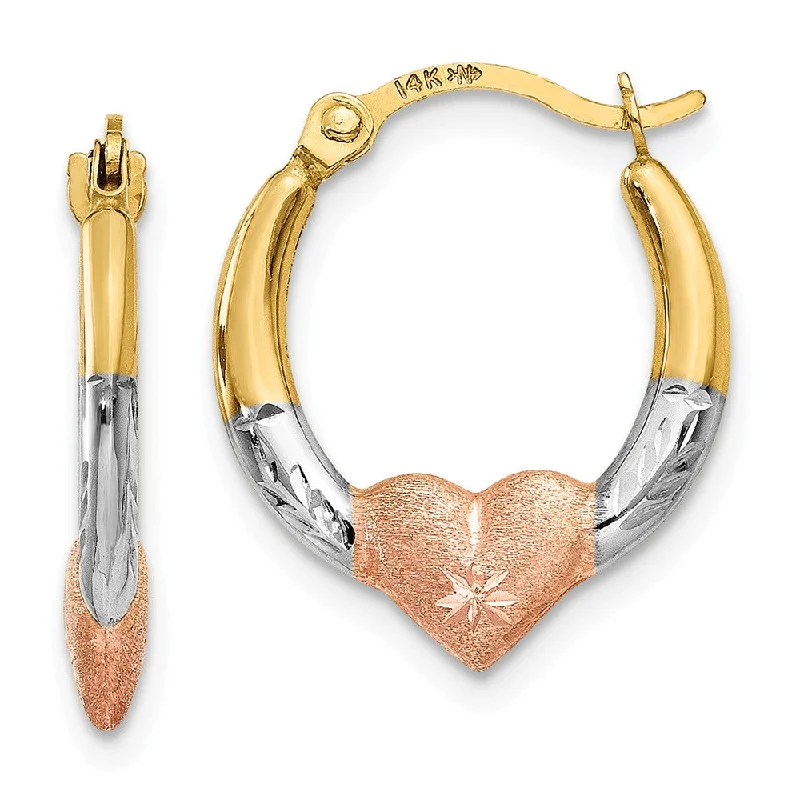 Old coin earrings-Tri-Color Heart and Diamond-cut Hoops in 14k Yellow Gold, 13mm